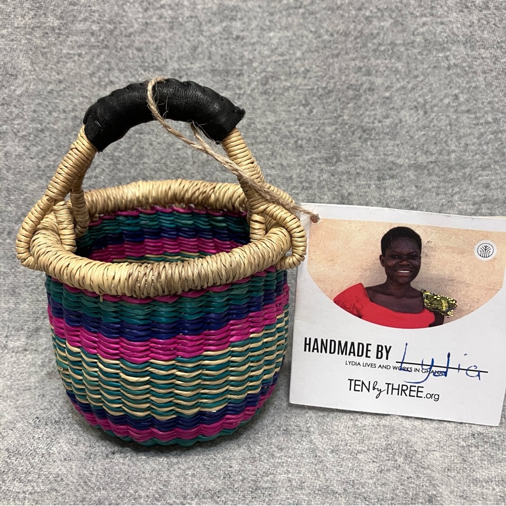Ghana Bolga Basket Mini Tiny Gratitude Small Multicolor Handmade Leather Handle
